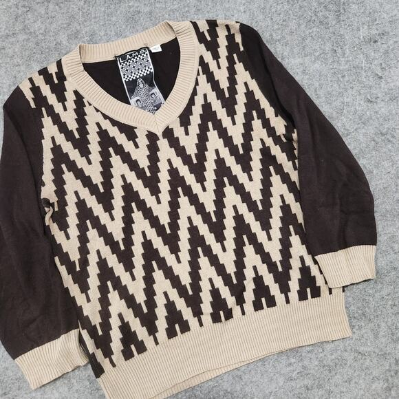 L.A.M.B. Gwen Stefani Womens L Large Cotton Cashmere Knit Zig Zag V Neck Sweater - Picture 2 of 12